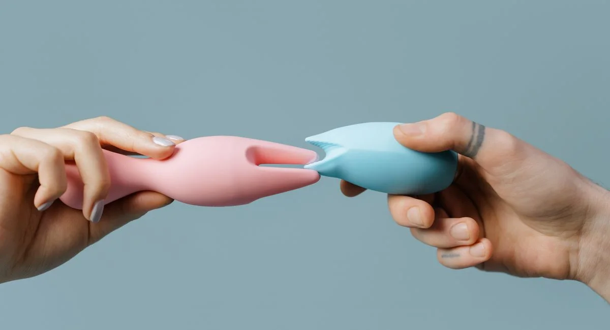 Hands holding pastel-colored silicone toys, perfect for adult and lifestyle themes.